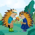 Hedgehog gives a bouquet of flowers. Vector illustration.